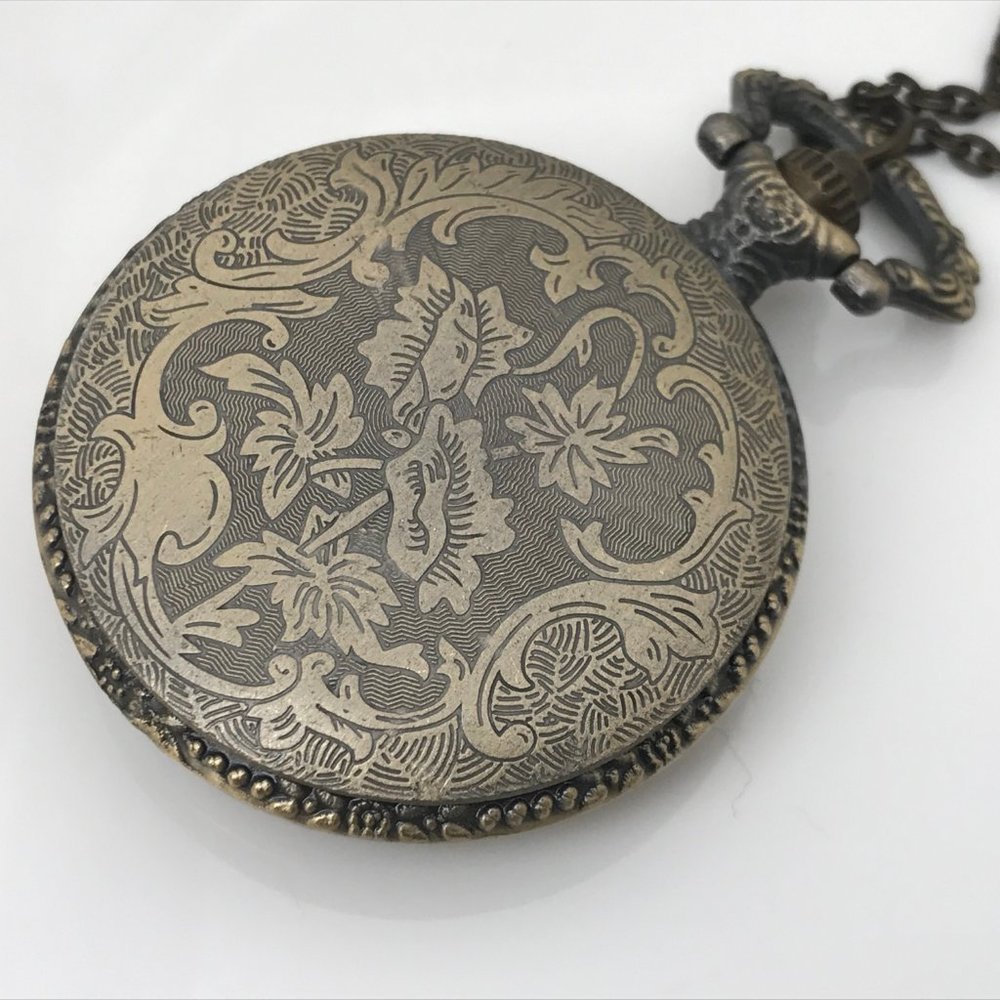 Pocket Watch Necklace Quartz Analog Brass Tone - Picture 4 of 12